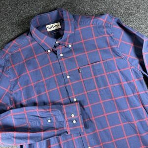 Barbour Shirt Mens LG Blue Red Windowpane Check Cotton Button Up Tailored Fit